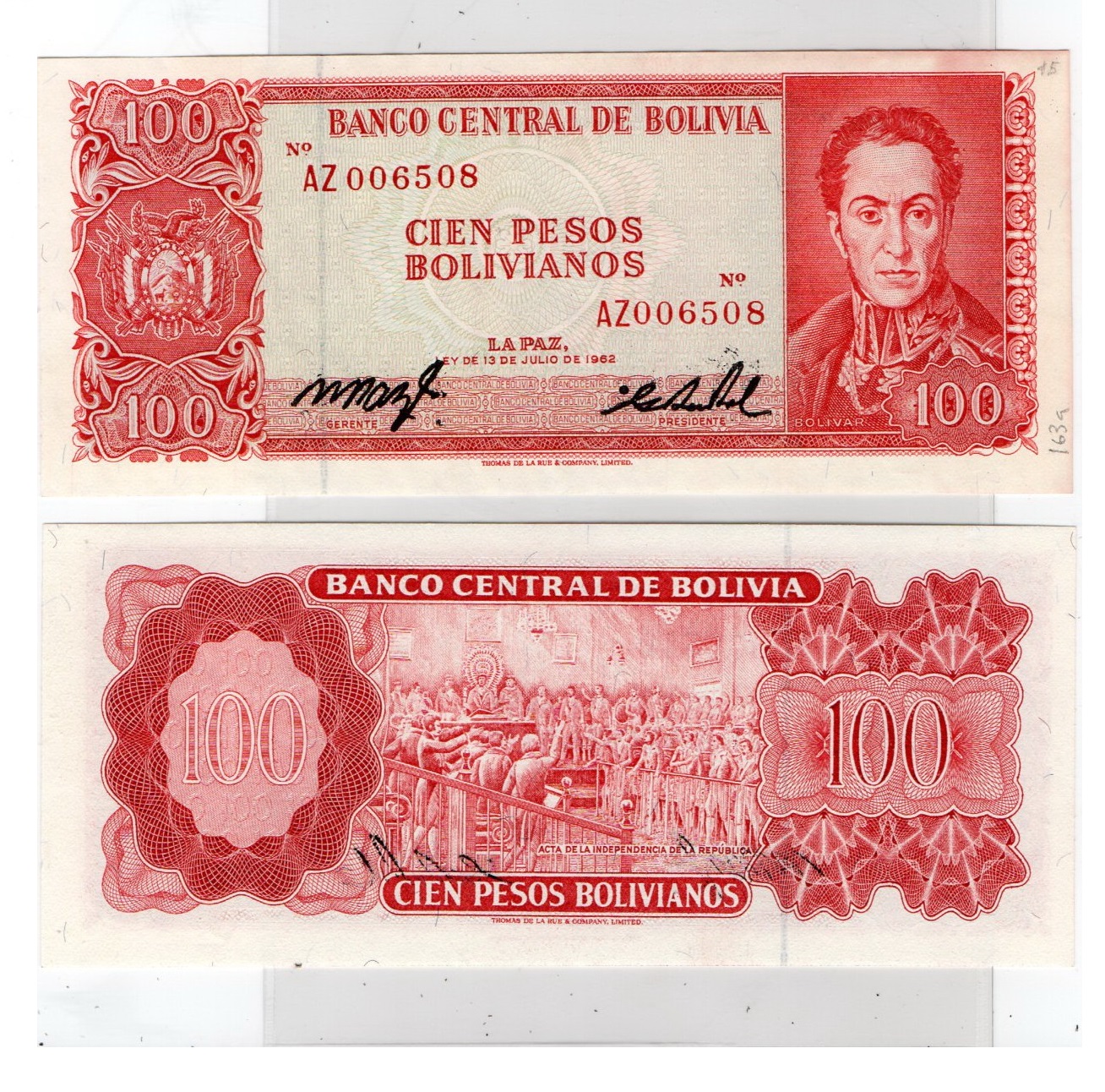 Bolivia #163R/AU+   100 Pesos Bolivianos  Series AZ